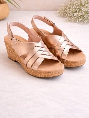 Clarks Collection Cork Wedge Sandals Metallic Rose Gold Comfort 9M